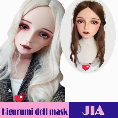(Jia)Crossdress Sweet Girl Resin Half Head Female Kigurumi Mask With BJD Eyes Cosplay Anime Doll Mask